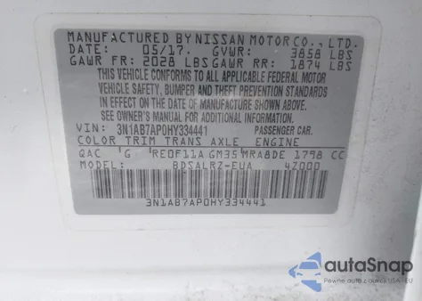 2017 Nissan Sentra Sr z USA, uszkodzony, nr VIN 3N1AB7AP0HY334441